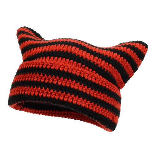 Berretto con orecchie da gatto per donne e ragazze, a righe nere e rosse.