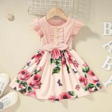 Casual zomerjurk voor meisjes met bloemenprint, roze, ruches, mouwloos