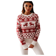 Suéter feminino de Natal com decote redondo e estampa de alce e floco de neve, branco.