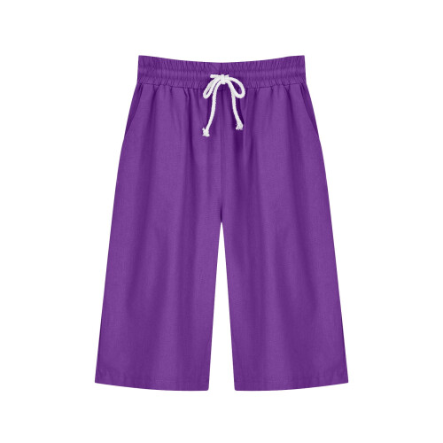 Bermudashorts til dame, ensfarget lilla, bomull og lin, 5 lommer