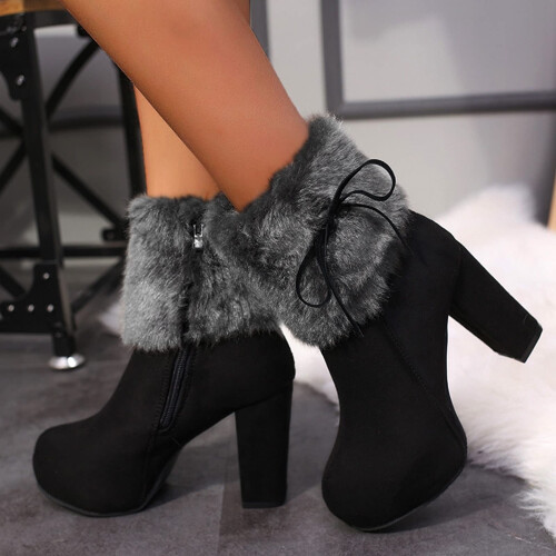 Botas femininas felpudas, quentes, estilo retrô, com zíper e