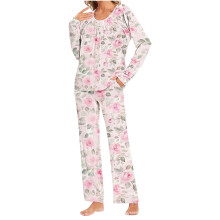Conjunto de pijama feminino de flanela de algodão macio, 2 peças