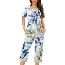 Dames pyjamaset met bloemenprint, Henley-shirt, top met korte mouwen en capri-rokje