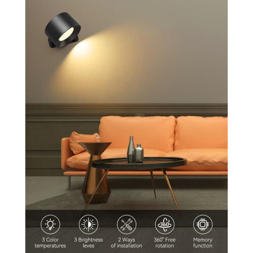 Applique murale d'intérieur, lampe LED rechargeable murale à commande tactile avec port USB-C 1