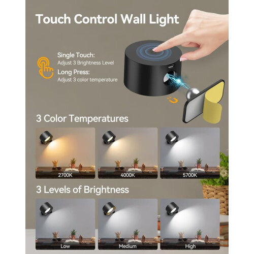 Applique murale d'intérieur, lampe LED rechargeable murale à commande tactile avec port USB-C 2