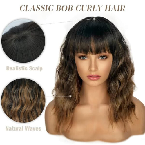 Short wavy wig with bangs for women, shoulder-length 1
