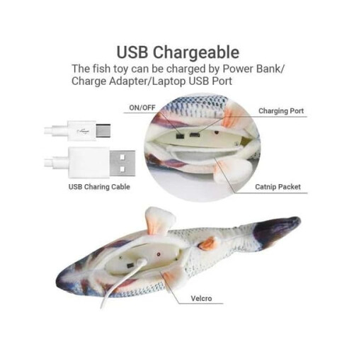 Squeaking Fish Cat Toy Rechargeable Silver 1pc 1