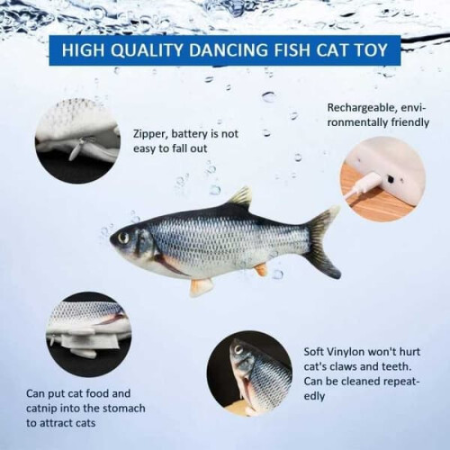 Squeaking Fish Cat Toy Rechargeable Silver 1pc 2