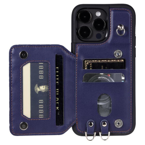 Capa para iPhone 15 Pro Max compatível com bloqueio RFID, revestida em couro PU e TPU, com alça de pulso azul. 1