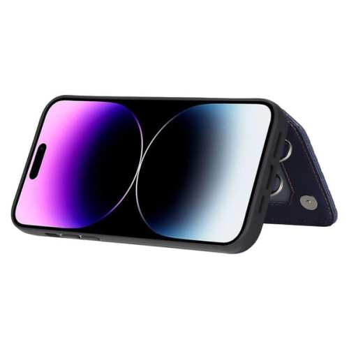 Capa para iPhone 15 Pro Max compatível com bloqueio RFID, revestida em couro PU e TPU, com alça de pulso azul. 2