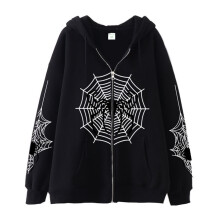 Hættetrøje med lynlås og edderkoppeprint, unisex, sort XXL