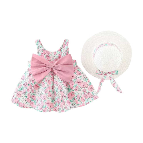 Completo composto da prendisole a trapezio con stampa floreale e cappello.