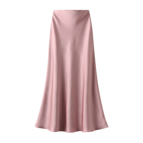 Fustă midi din satin pentru femei, talie înaltă, roz solid, M