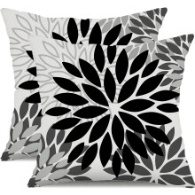 Housse de coussin d'extérieur en lin à fleurs noires et grises 12x20