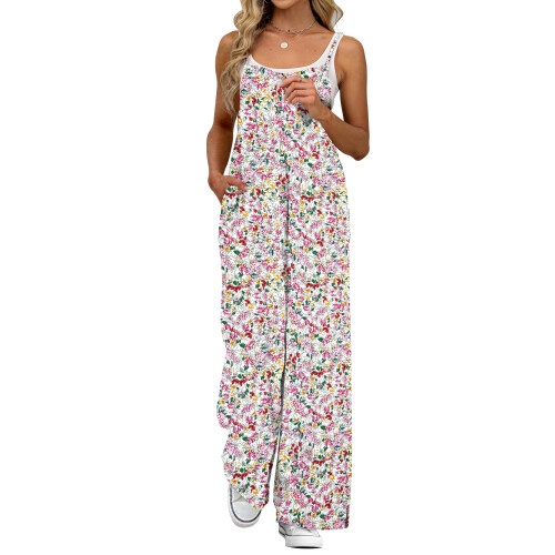 Blomstergul boho-jumpsuit med lommer, medium, til dame