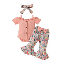 Baby katoenen ribgebreide romper set met roze broekje met bloemenprint