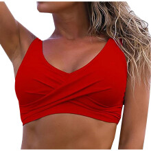 Top de bikini acolchado con escote en V y detalle retorcido en la parte delantera para mujer, color rojo.