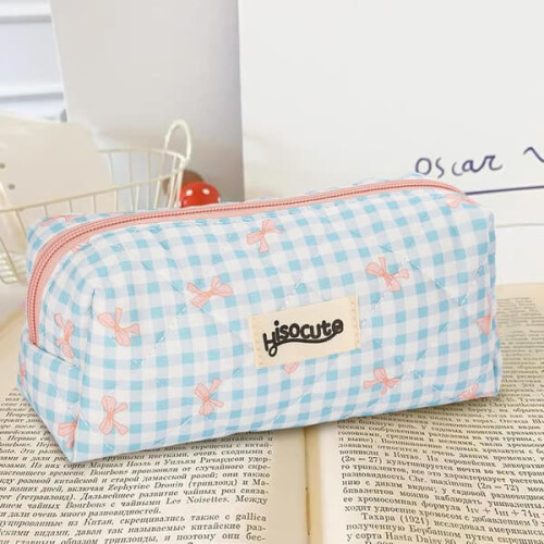 Pink checkered pencil case with bow 1 pack 1