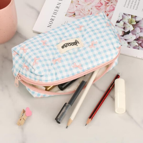 Pink checkered pencil case with bow 1 pack 2