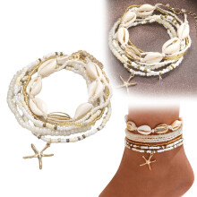 Tornozeleiras Boho Femininas com Conchas e Miçangas (1 Par)