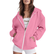 Sweat à capuche oversize rose foncé pour femme, fermeture éclair et poches, taille XL