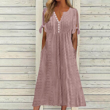 Damen-Midikleid mit Lochstickerei, V-Ausschnitt, kurzen Ärmeln und Taschen
