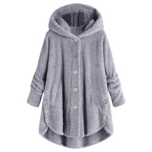 Casaco feminino de inverno com capuz em lã cinza, tamanho XXL.