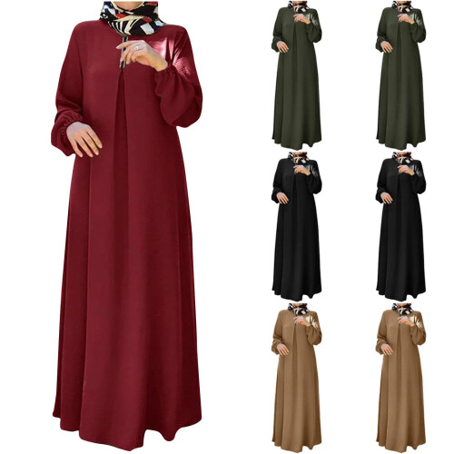 Damenkleid in Übergröße, einfarbig, langärmelig, mit Taschen, rot