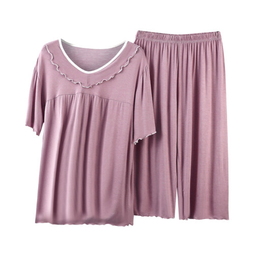 Damen-Pyjama-Set, lila, Kurzarm, Caprihose, XL