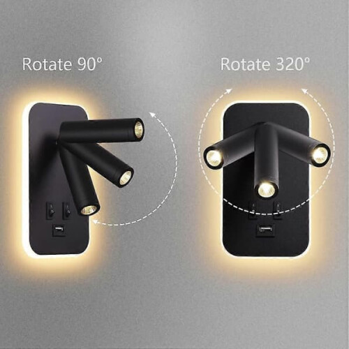LED wall lamp black with switch USB port and adjustable 2