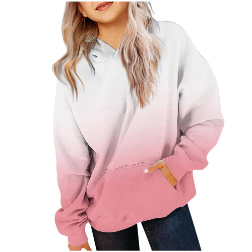 Moletom feminino com capuz, manga comprida e bolsos em degradê. 1