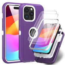 Capa Xhy para iPhone 15 Plus com protetor de tela nas cores roxo e branco.