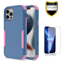 Capa resistente para iPhone 13 Pro com protetor de tela azul e rosa.