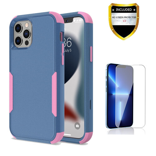 Capa resistente para iPhone 13 Pro com protetor de tela azul e rosa.