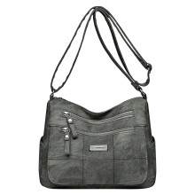 Damska torebka typu crossbody w stylu retro, skórzana, szara, z wieloma zdobieniami