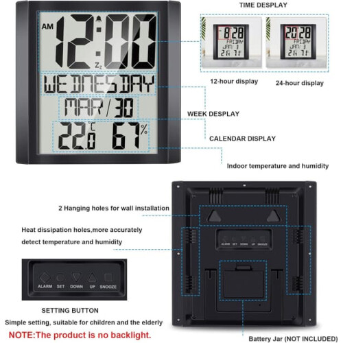 Digital wall clock with 8.6-inch HD display, calendar and 2