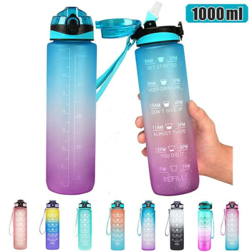 Water Bottle with Straw and Timer Orange-Green 2-Pack 1