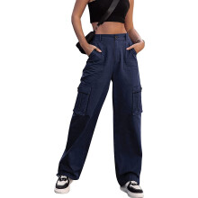 Dames legerbroek met hoge taille en wijde pijpen, 6 zakken.