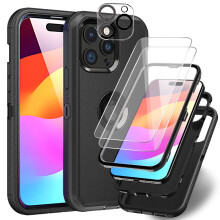 Capa TASHHAR para iPhone 15 com protetor de tela e lente, preta.