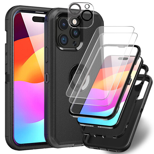 Capa TASHHAR para iPhone 15 com protetor de tela e lente, preta.