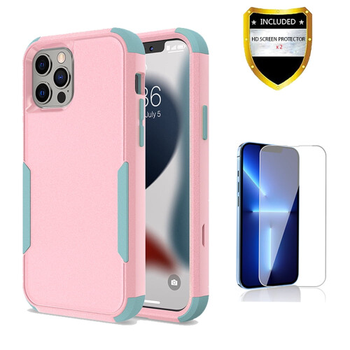 Capa resistente para iPhone 13 Pro com protetor de tela rosa e azul-petróleo