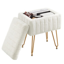 Vanity Stool with Storage Modern Faux Fur Seat White