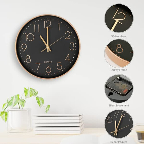 Quartz Wall Clock Rose Gold 25cm Silent Round 2