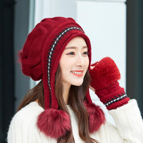 Dames wintermuts en -handschoenen set, gebreid met pompon 1