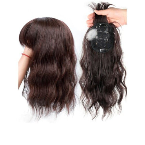 Curly Wavy Hairpiece with Bangs Dark Chestnut Brown 2