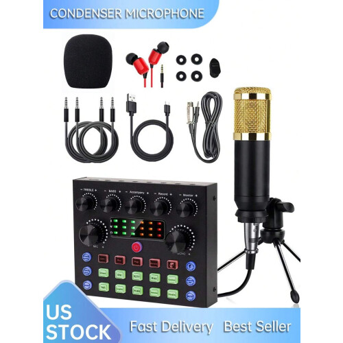 Kit de microfone condensador V8S com placa de som e tripé.