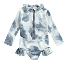 Girls' long sleeve zip swimsuit with print, gray, 2-3 years