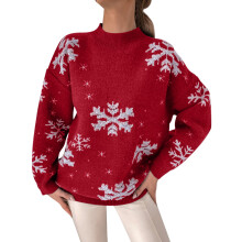Damen-Weihnachtspullover mit Schneeflockenmuster, rot, langärmelig