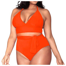 Plus size højtaljet bikinisæt med mavekontrol til kvinder