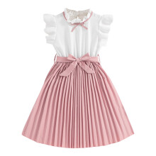 Girls' ruffle cap sleeve pleated midi dress with belt pink